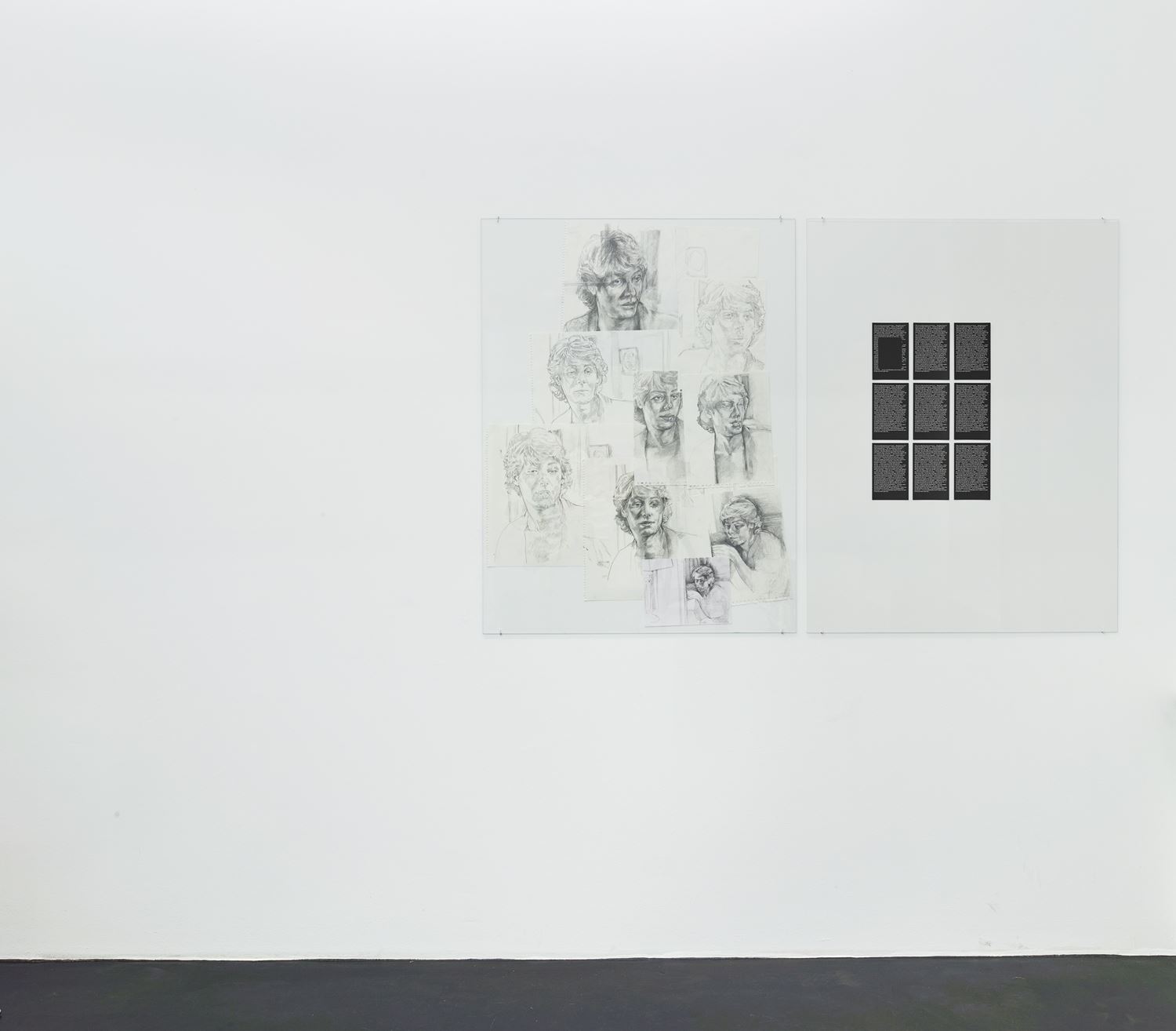 On a white wall two artworks on paper and of the same size hang side-by-side. On the left, nine pencil drawings in no order depict the same figure from different angles. On the right, nine small blocks of text with white letters on a black background sit in orderly 3 x 3 rows.