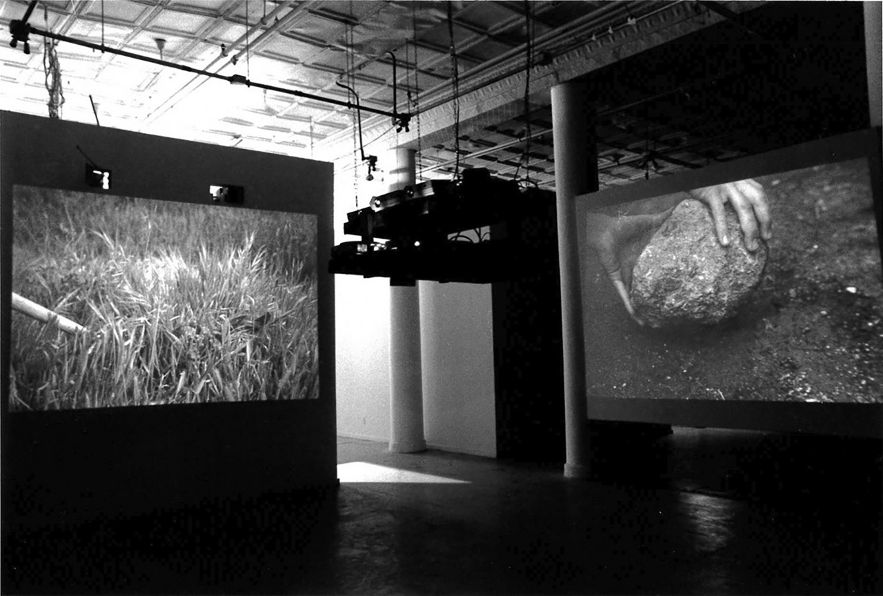 A black and white photograph of two projectors hanging central in a darkened gallery and projecting images onto two separate screens in the foreground with light coming in from the background