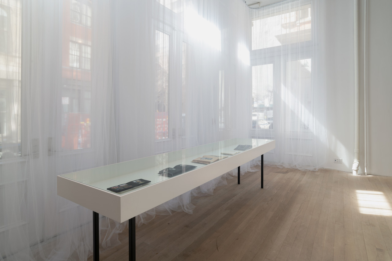 Toile curtains gather around the gallery windows, producing a soft, glowing white light. A glass-topped vitrine stands parallel to the windows, displaying small open books.