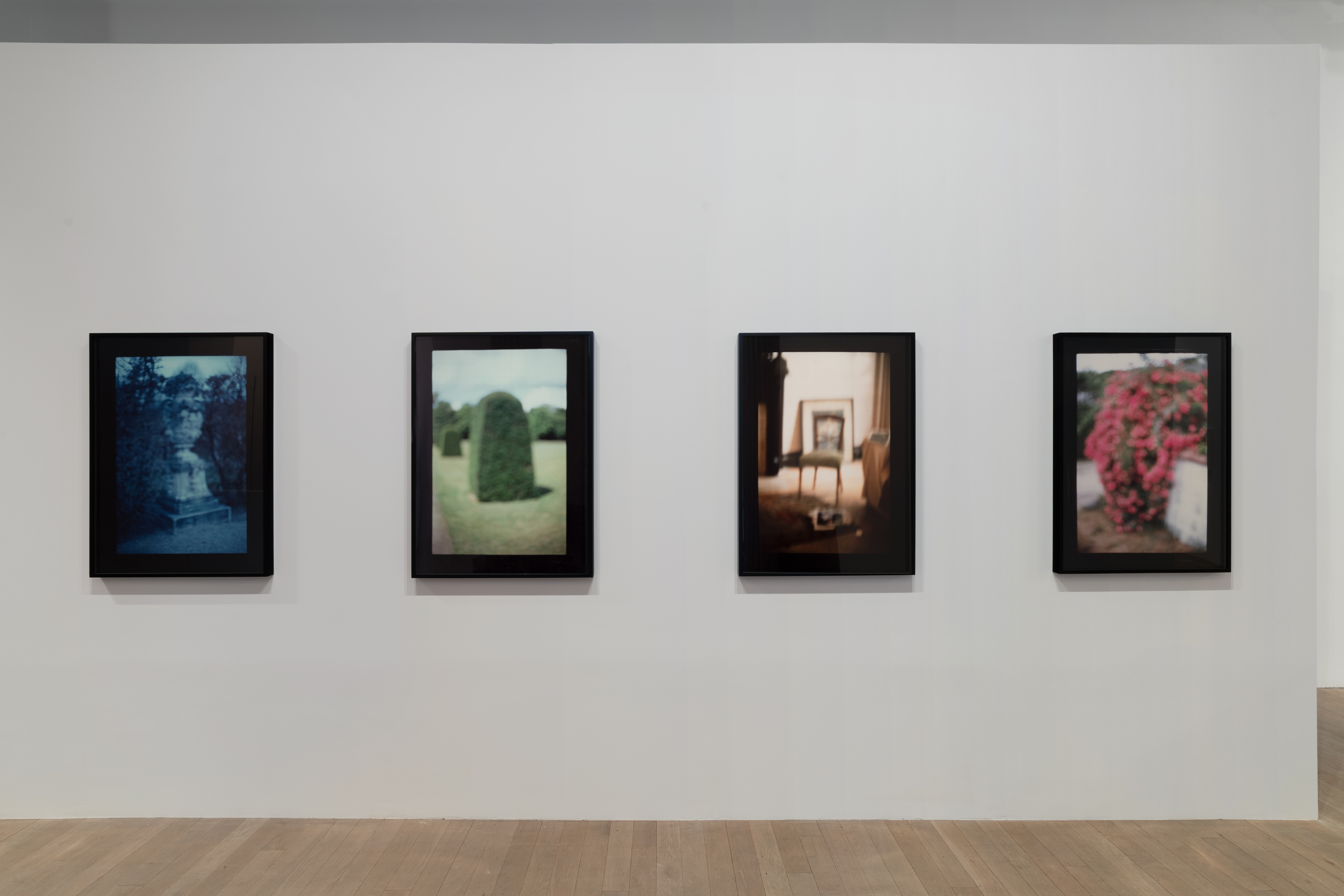 Four photographs, each with a monochromatic haze and black borders, hang in a line. 
