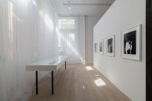 Toile curtains gather around the gallery window, producing a soft, glowing white light. Four black and white photographs hang across from the windows, receding into space. 
