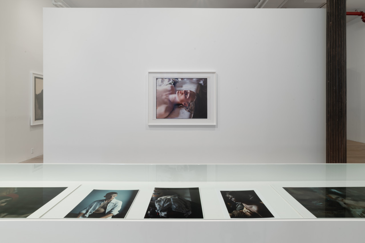 A glass-topped vitrine reveals five smaller color photographs. Directly behind and center, a horizontal portrait hangs on a gallery wall. The color portrait of a young man lying down yet facing upright is printed in a pink and silver tone.