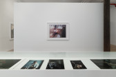 A glass-topped vitrine reveals five smaller color photographs. Directly behind and center, a horizontal portrait hangs on a gallery wall. The color portrait of a young man lying down yet facing upright is printed in a pink and silver tone. 