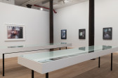 Two glass topped vitrines stand in an open gallery space. The walls surrounding the display large color photographs. On the far left, a larger-than-life portrait rests horizontally. On the right hangs three vertical images with thick black borders and hazy imagery. 