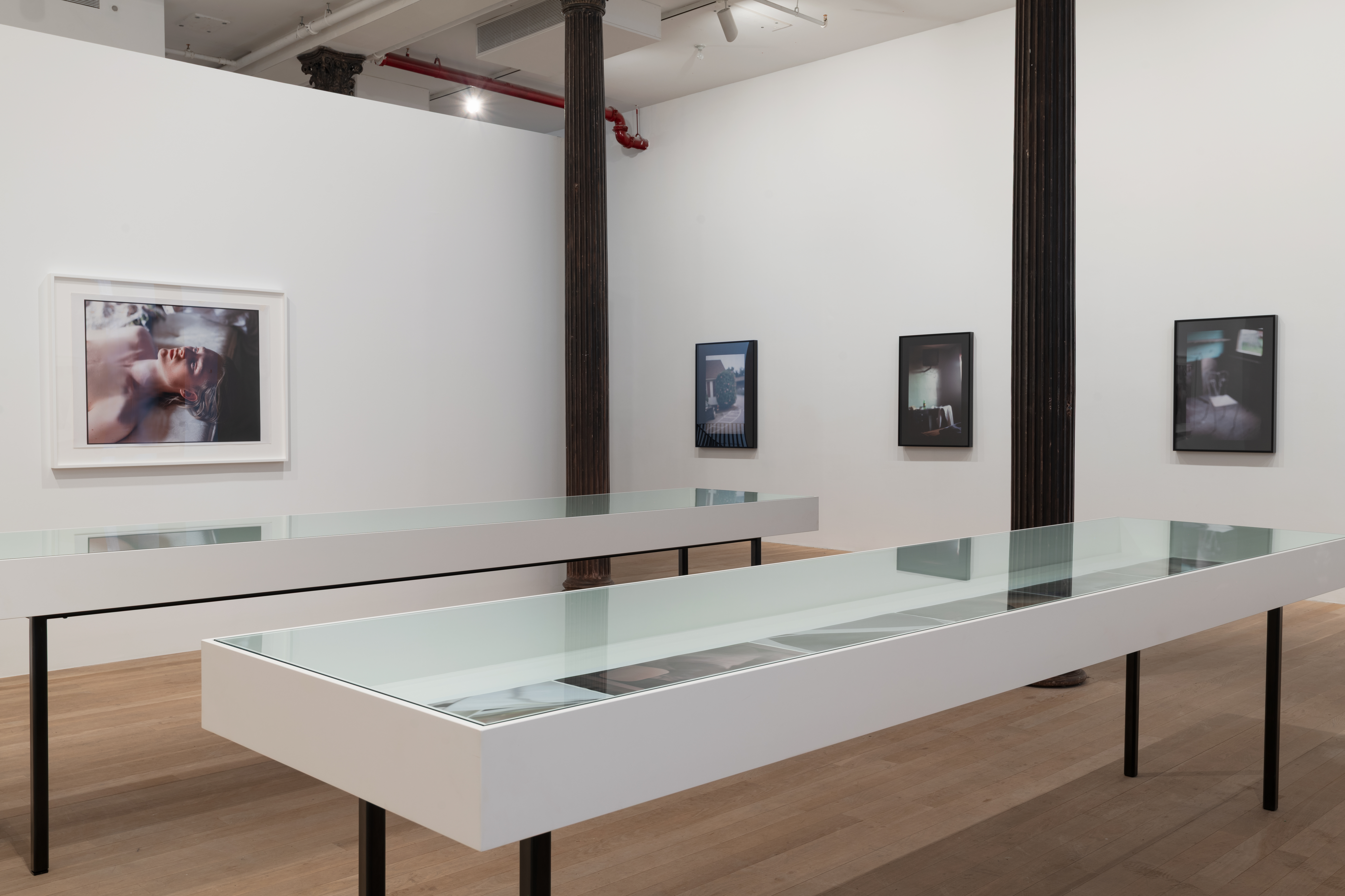 Two glass topped vitrines stand in an open gallery space. The walls surrounding the display large color photographs. On the far left, a larger-than-life portrait rests horizontally. On the right hangs three vertical images with thick black borders and hazy imagery. 