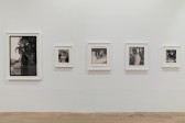 Five black and white images hang on a gallery wall. The photographs vary in size yet share a similar quality of speckled light. 