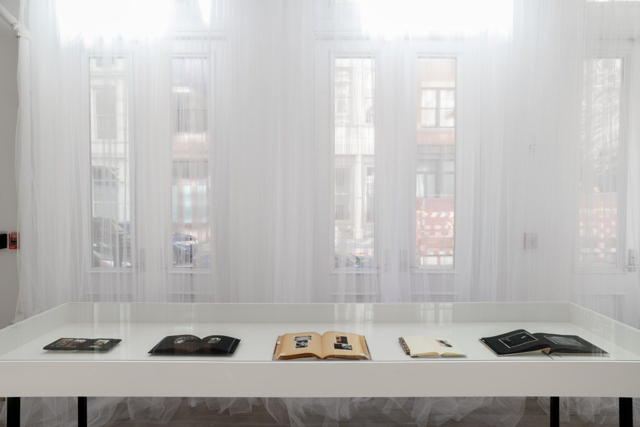 Toile curtains gather around the gallery windows, producing a soft, glowing white light. A glass-topped vitrine stands parallel to the windows, displaying small open books.