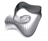 A digital greyscale rendering of a loose spiral made from flexible bricks.