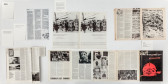 Several black-and-white magazines and documents opened and organized on a white surface.