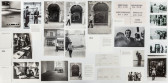 Several black and white photographs and documents organized into a grid on a white surface.