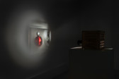 Color image of a small pinhole projector, sitting on a pedestal and facing a wall to the left of the image. On the wall, an image of a red pearlescent ball, with a small white pearlescant ball attached on top, is projected.