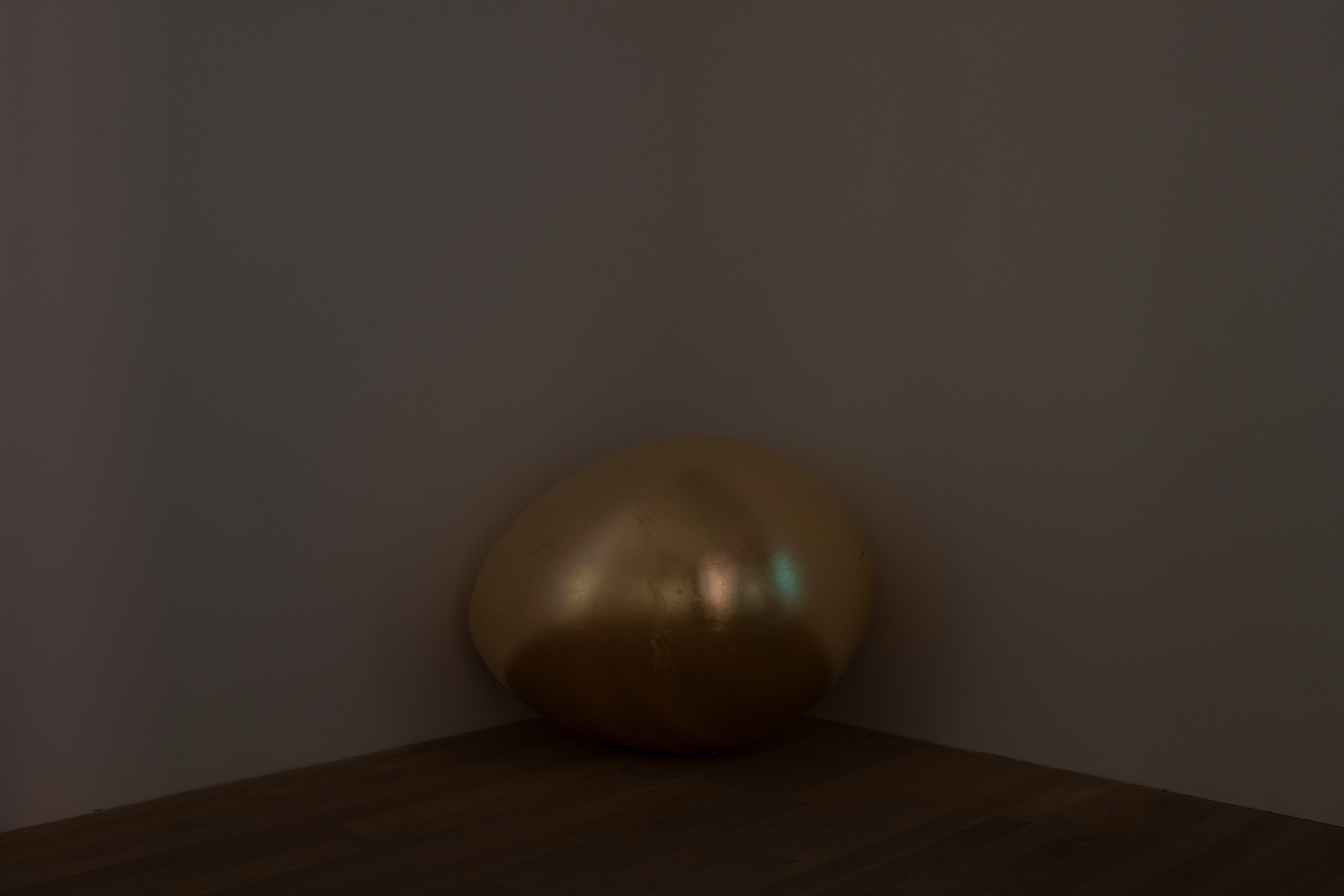 Color image of a corner in a darkened gallery space. A large golden egg sculpture sits on the floor in the corner.