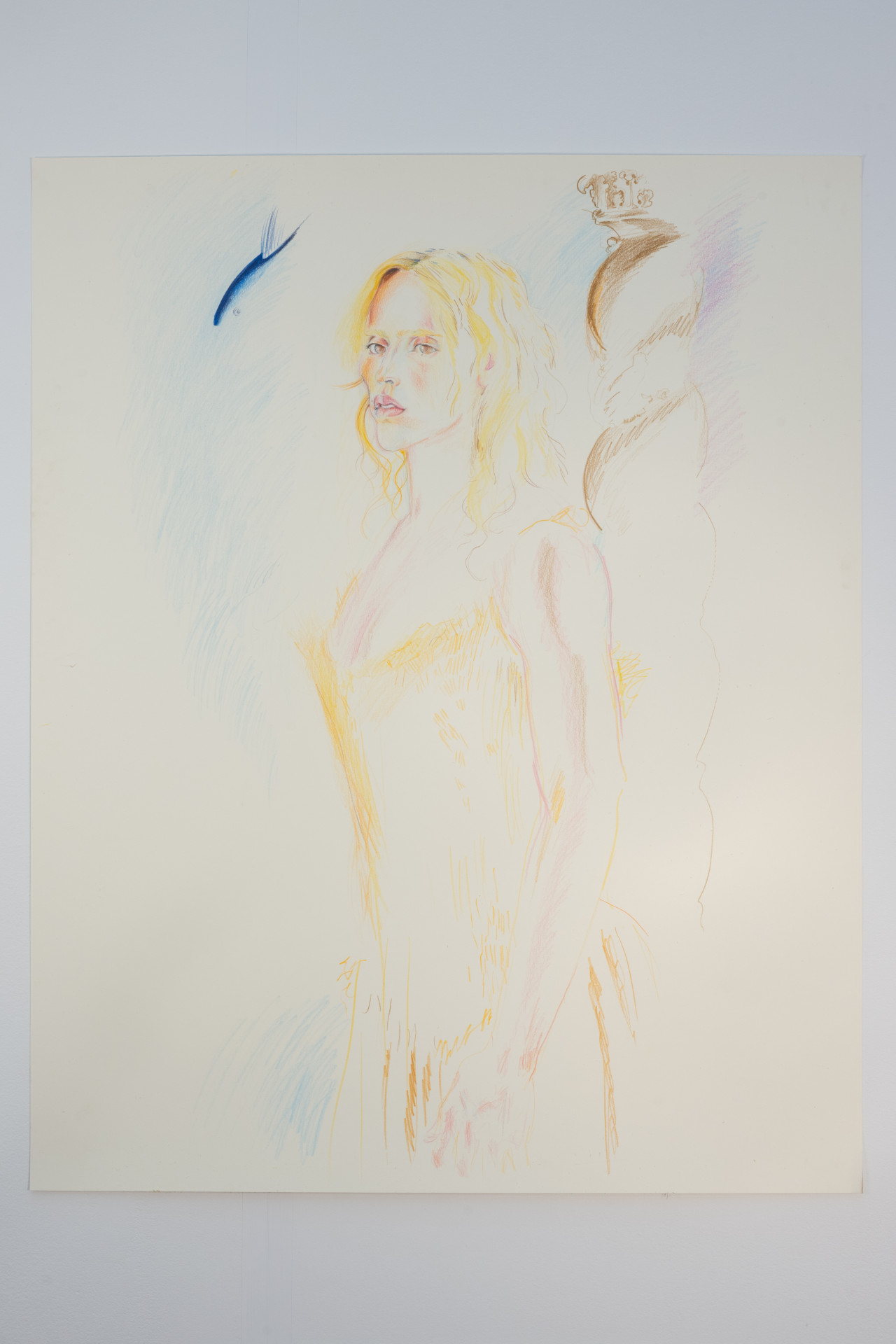 A color image of an unframed drawing of a figure wearing a yellow dress. The figure is seen from a three-quarter view. To the right, near the head, there is a floating blue fish. Behind the figure, a brown column stands.
