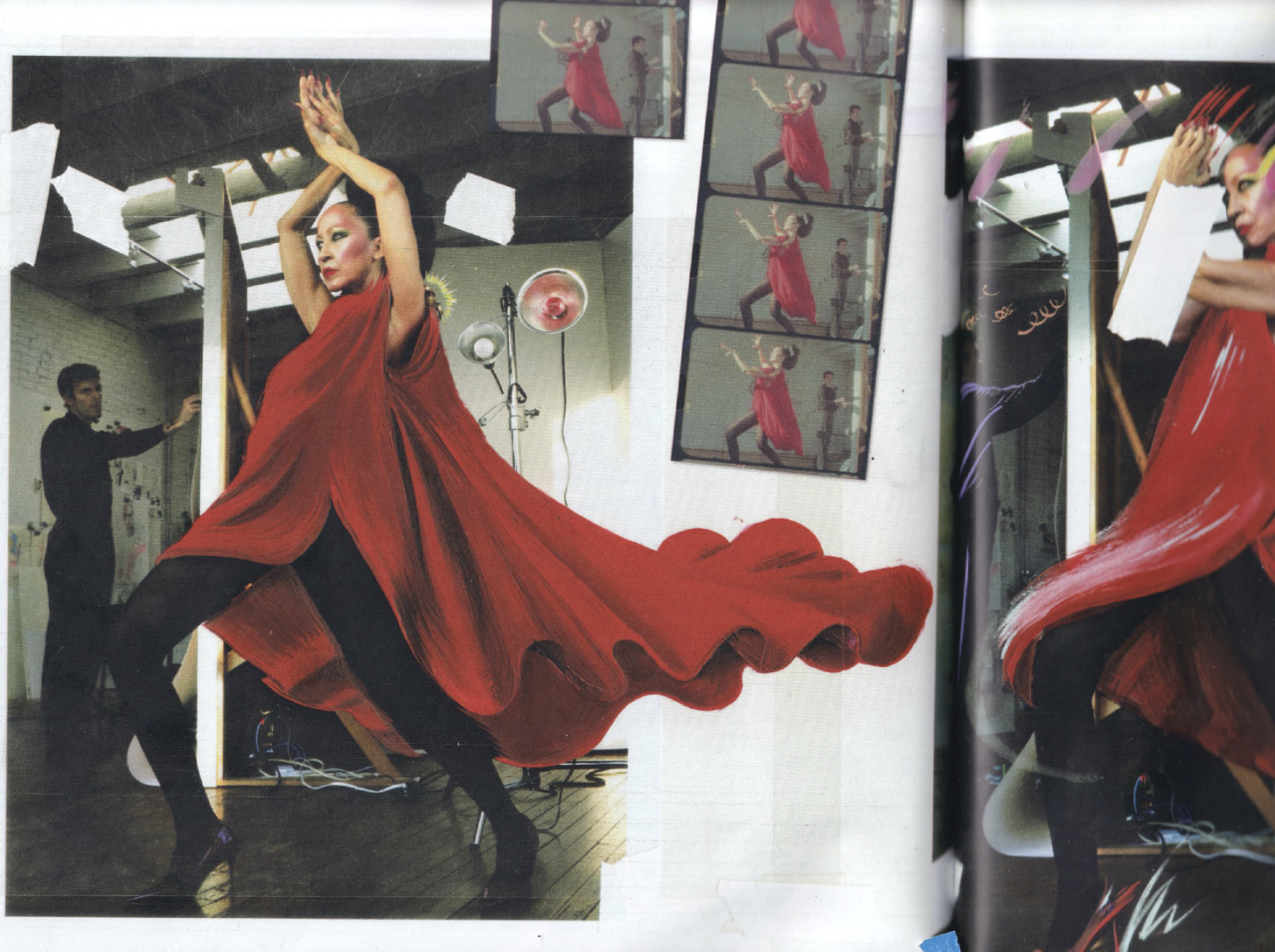 Scanned spread of a collage featuring photographs overlaid with accented drawings. The main image depicts a woman posing strikingly with her arms raised and feet firmly apart, the red dress she wears flows out dramatically behind her. In the background a man stands at a large canvas, his hand raised in the act of drawing the figure posing. Film strips depicting the same woman in different poses are overlayed on top.