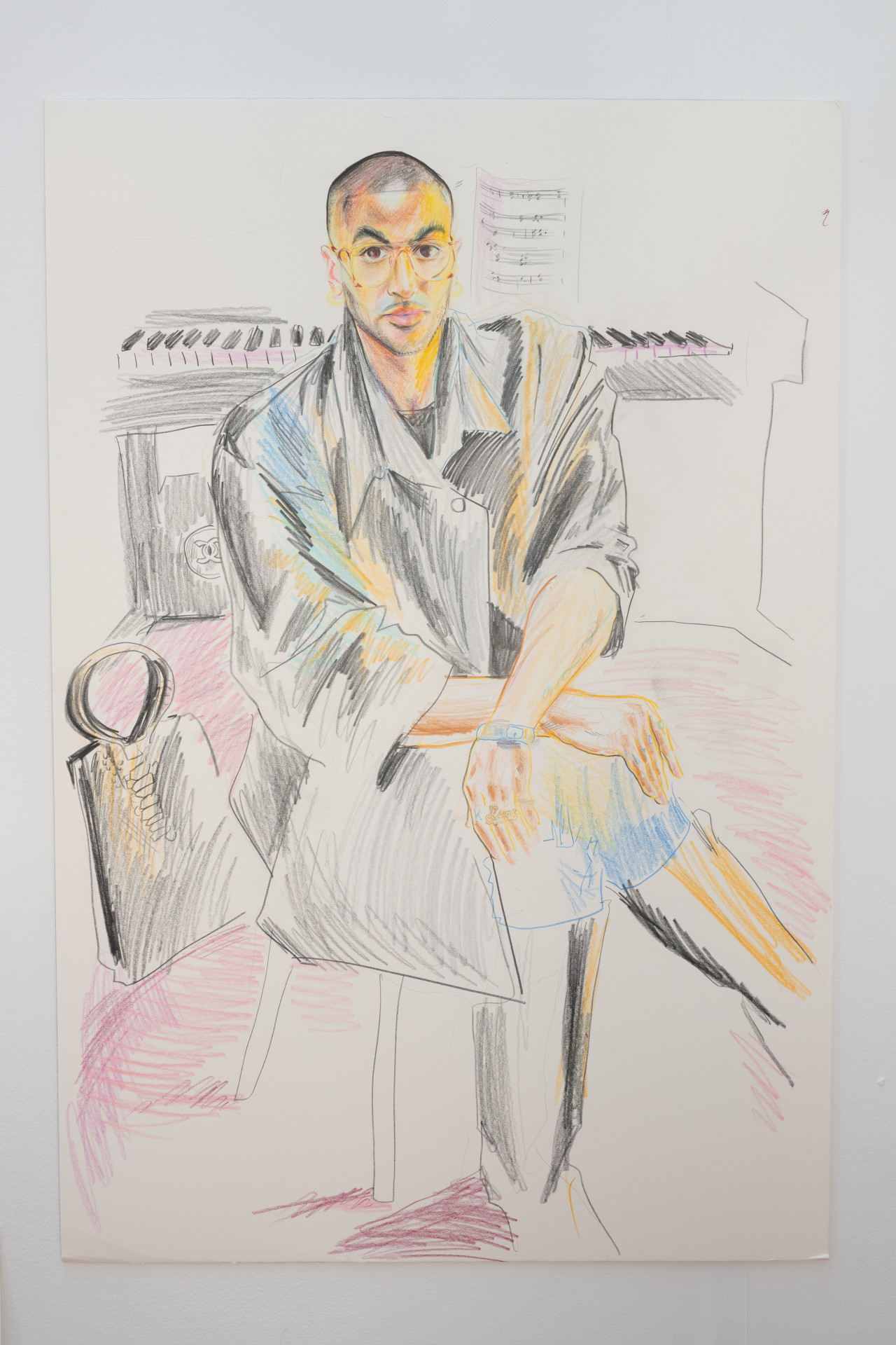 A color image of an unframed colorful drawing. The drawing shows a figure wearing a dark coat, sitting cross-legged on a chair. A purse sits on the floor right behind the chair. In the back, a piano and sheet music.