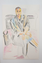 A color image of an unframed colorful drawing. The drawing shows a figure wearing a dark coat, sitting cross-legged on a chair. A purse sits on the floor right behind the chair. In the back, a piano and sheet music.