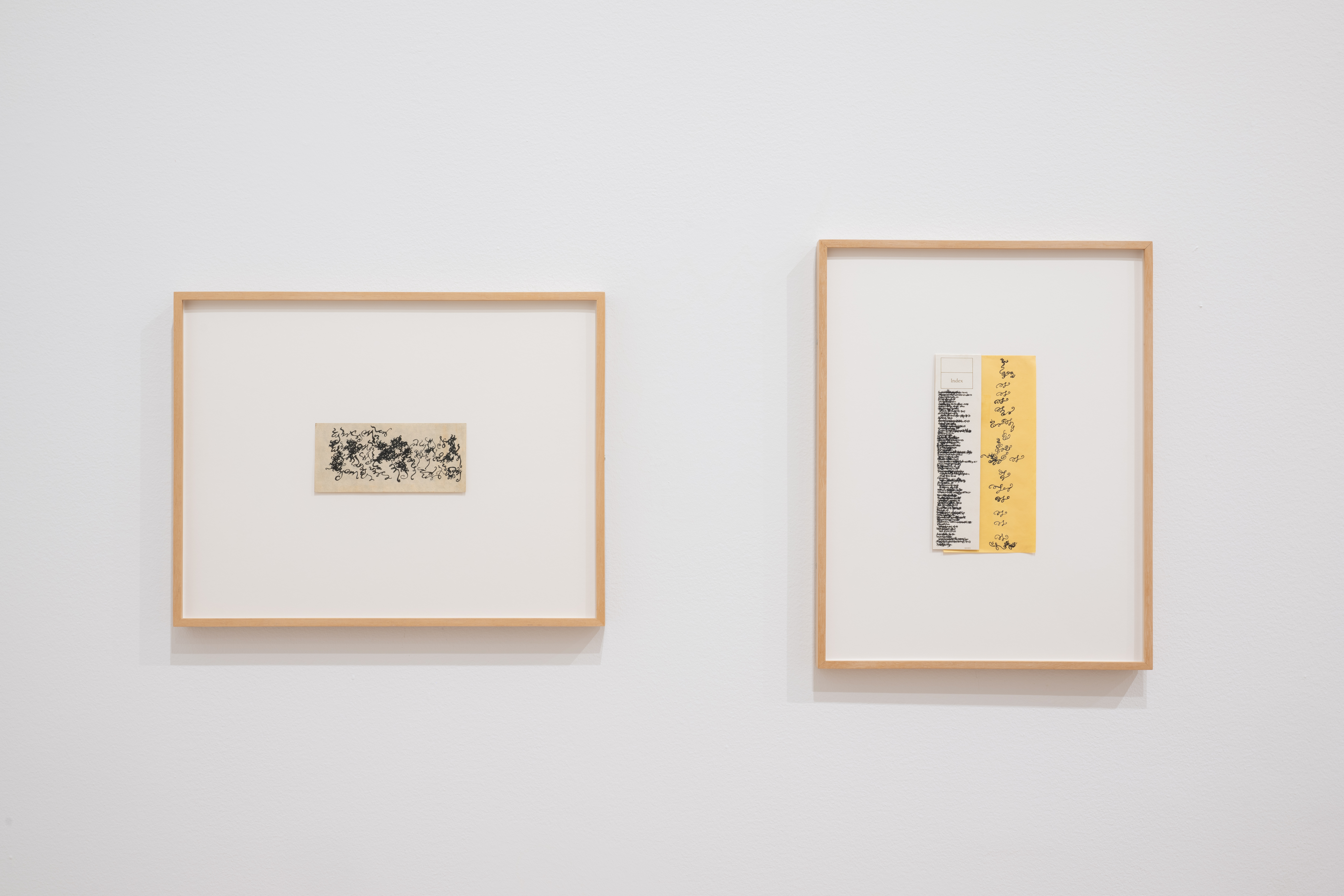 Two works on paper hanging on a white gallery wall. The work on the left features curling black lines that accrete densely in various clusters. The work on the right features two overlapping pieces of paper with a box in the top-left corner that reads 