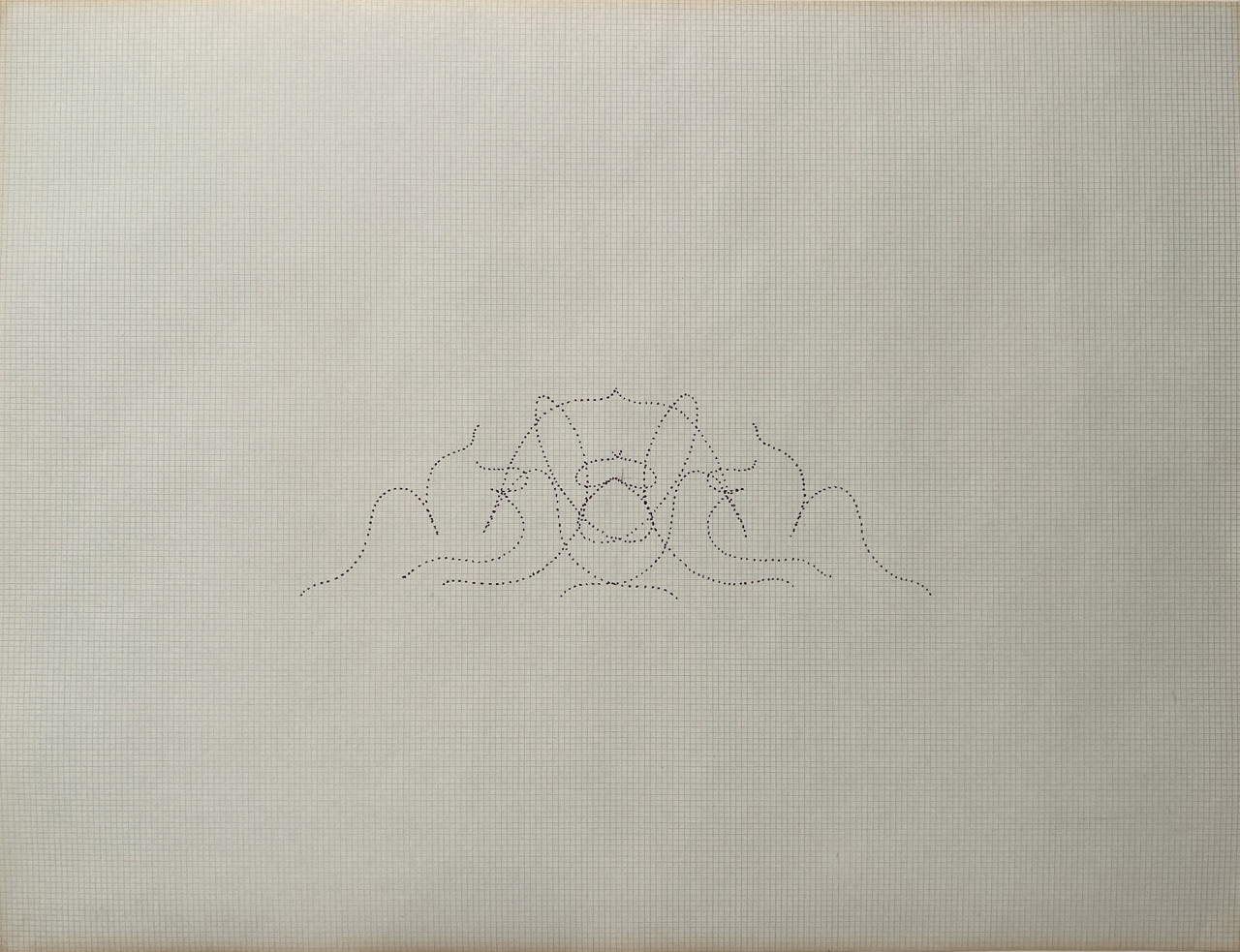 Image of drawing done on white graph paper. In the middle of the paper is a cluster of lines, each made of individual dots, which overlap and curve over each other to create a symmetric composition.