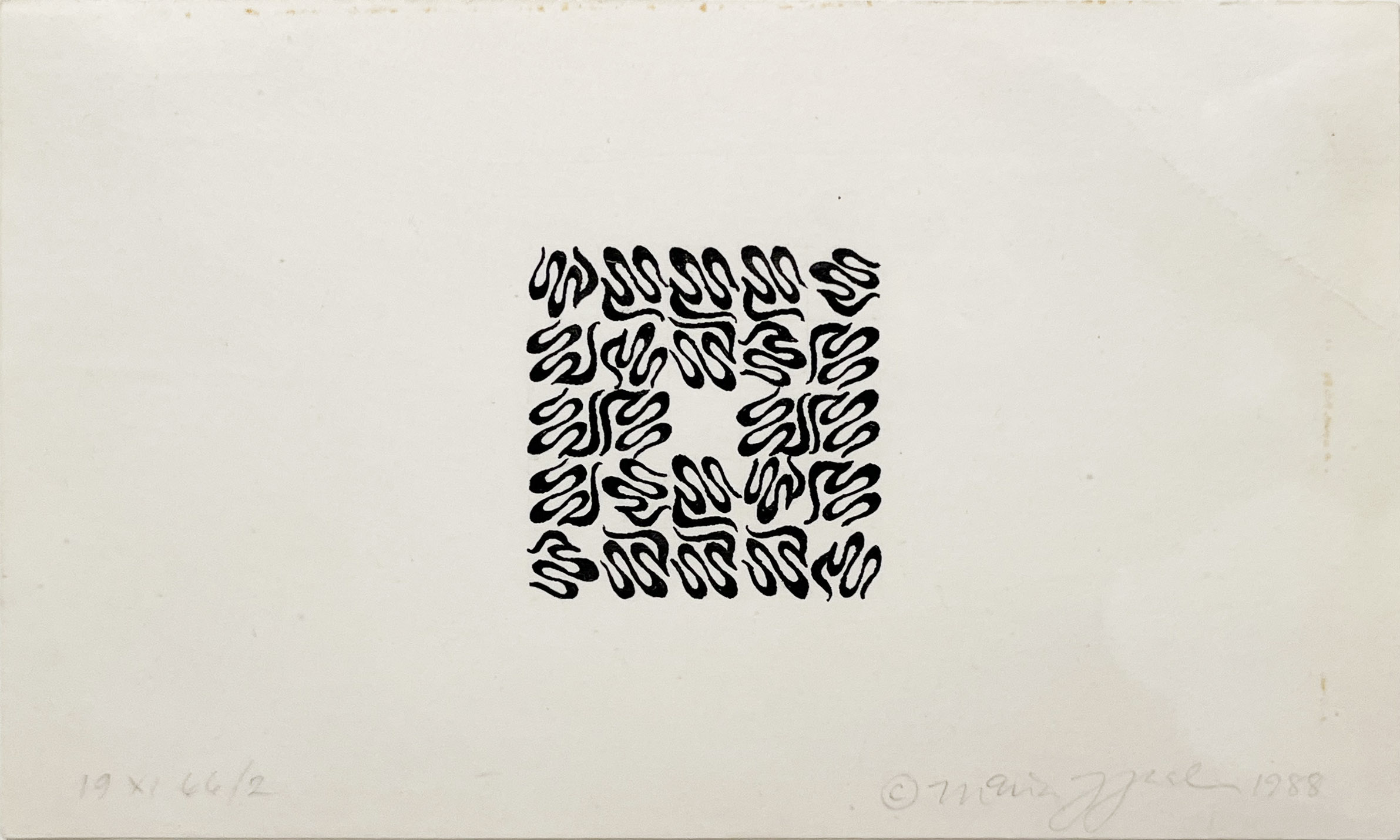 Black-and-white drawing of a cluster of black curled lines organized into a square shape in the middle of a white page. Handwritten text in faint pencil along the bottom of the page reads 