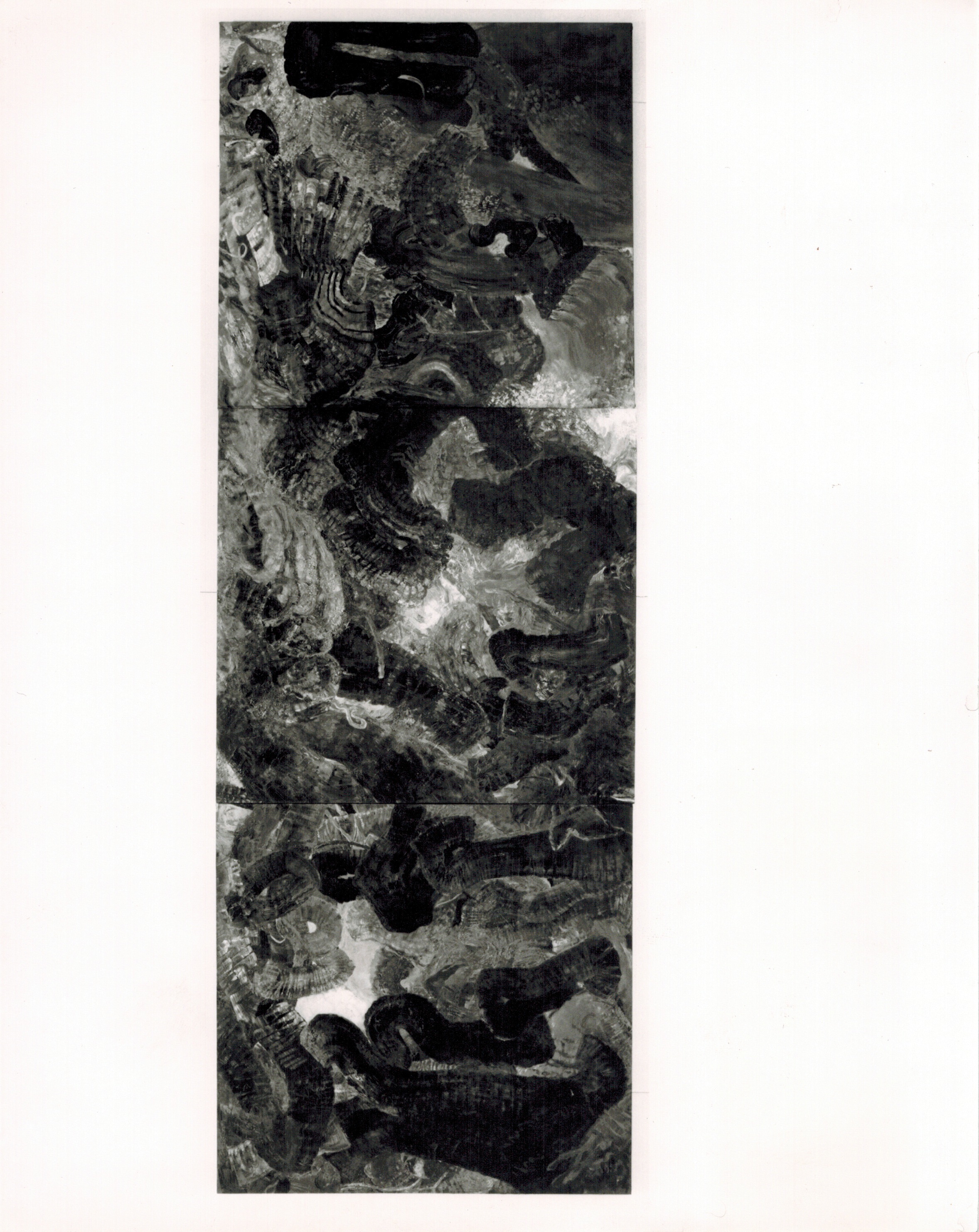 A black and white photograph of a tall, narrow rectangle-shaped painting of abstract swirls hanging on a white wall.