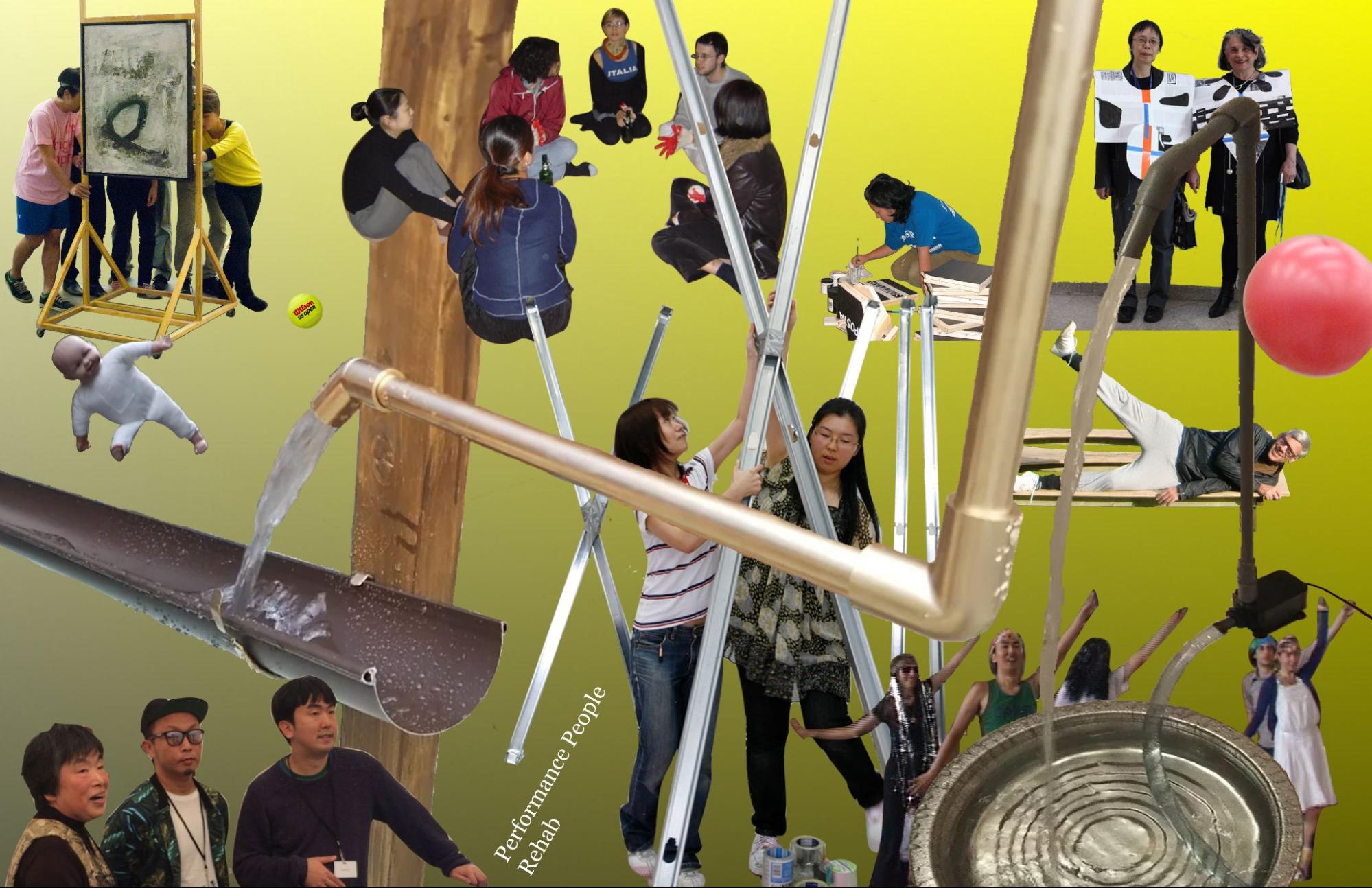 A composite image of people performing various activities against a yellow gradient background. A metal pipe pours water into an open gutter.