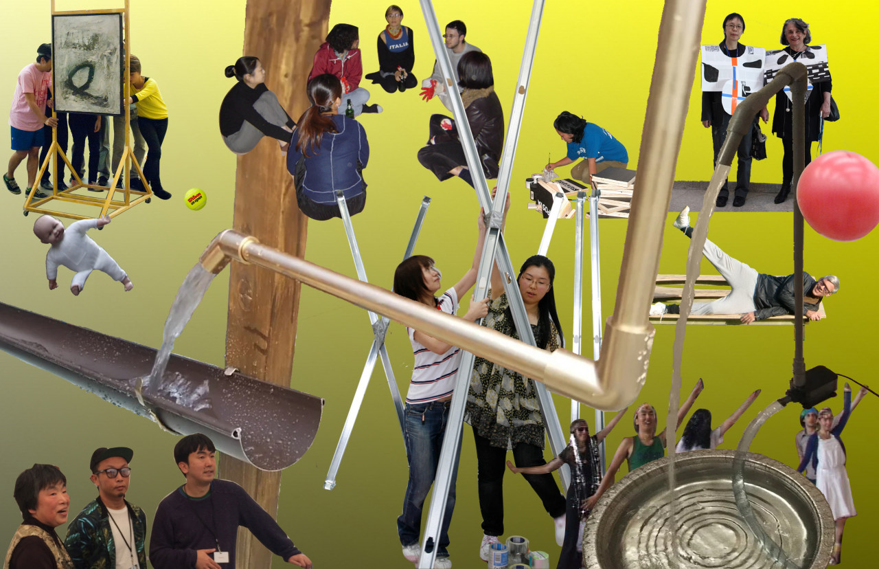 A composite image of people performing various activities against a yellow gradient background. A metal pipe pours water into an open gutter.