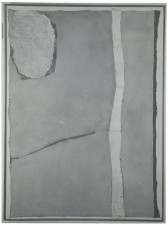 A black and white photograph of an abstract painting with an ovular form in the top left corner and a line on the right.