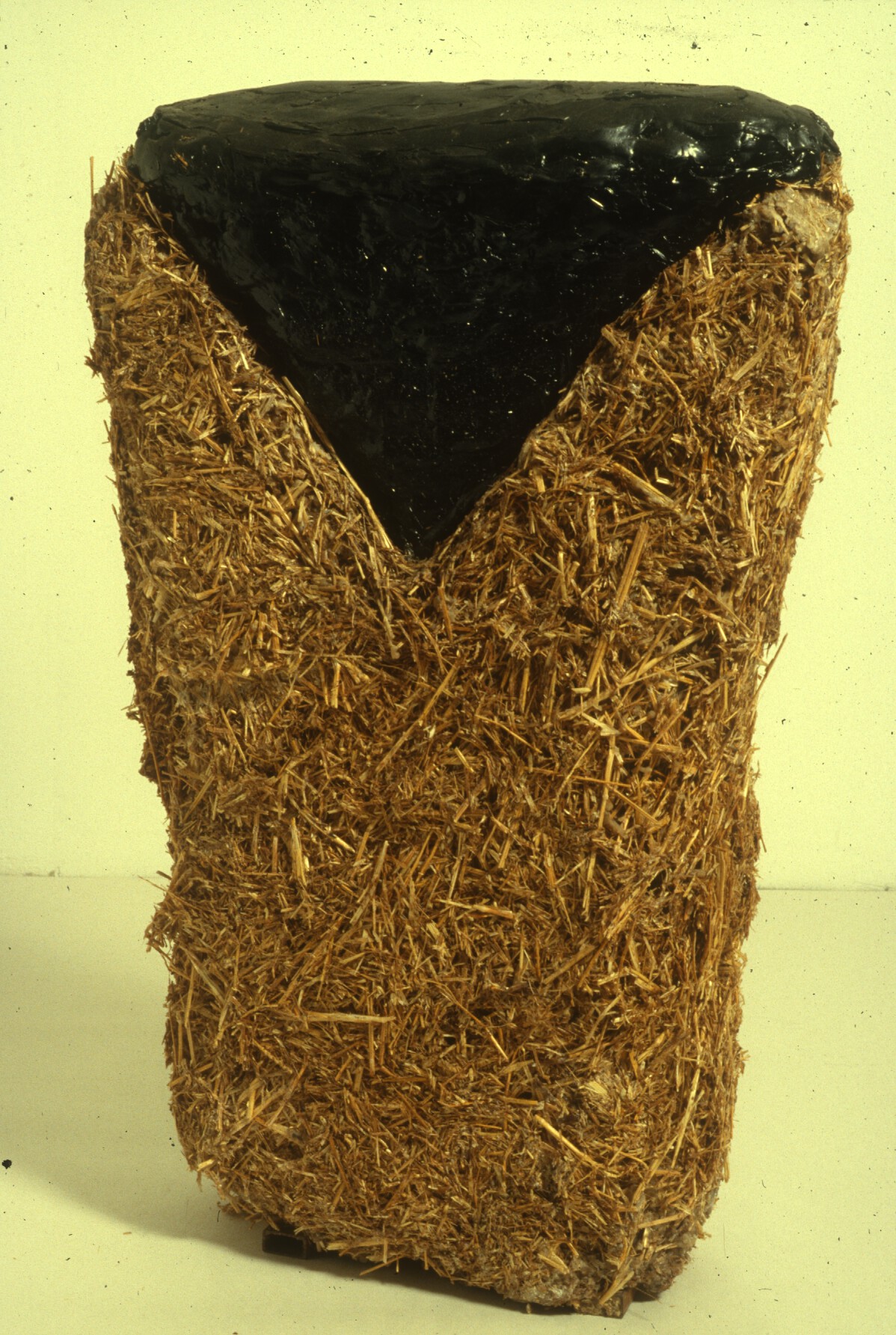 A vertical rectangle of straw on a white background.  The top of the rectangle is covered by an inverted triangle made of black tar.