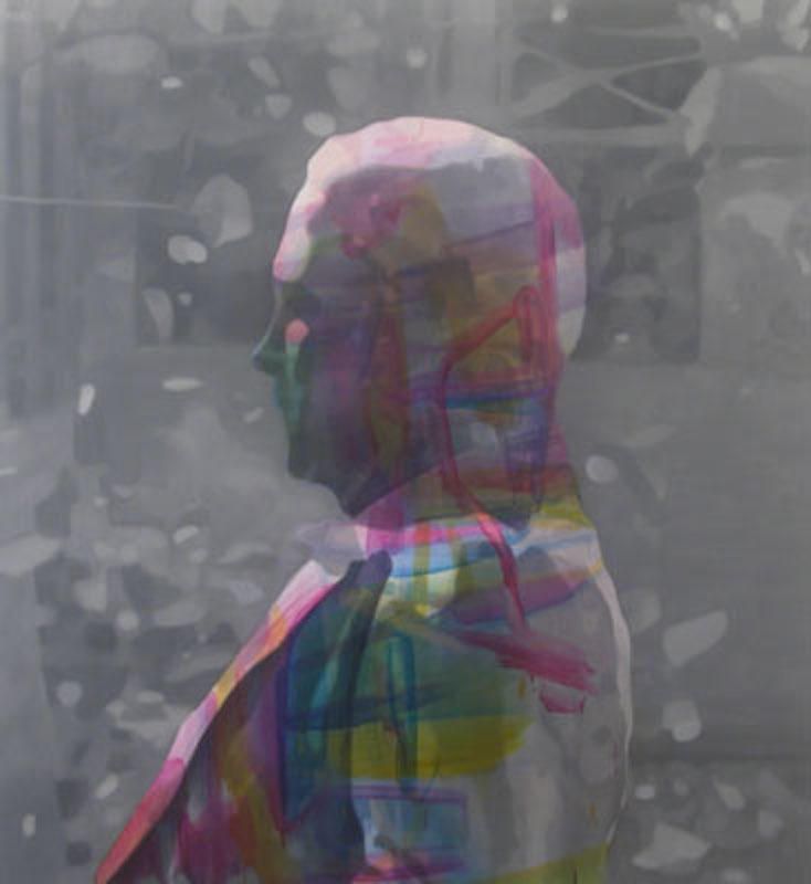 A profile of a man in a jacket on a gray and white background. Painted streaks of color are superimposed over the man