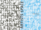 A grid of slightly distorted portraits; the left side all in black and white and the right side in light blue and white. Arranged along the border between the two colors text reads vertically 