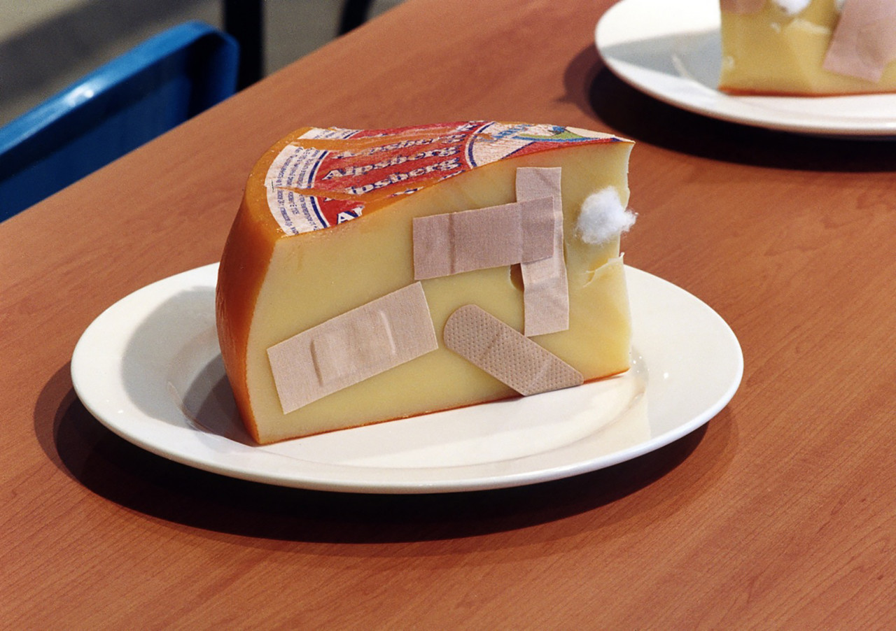 A block of cheese sitting on a white plate on a wooden table. There are several Band-Aids covering the holes on the block of cheese.
