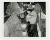 Figures appear on the street with street lamps and a car coming in the center back part of the image.