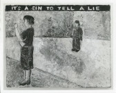 An adult figure stands in the foreground while a smaller figure stands in the background in a corner. Above the figures reads: 