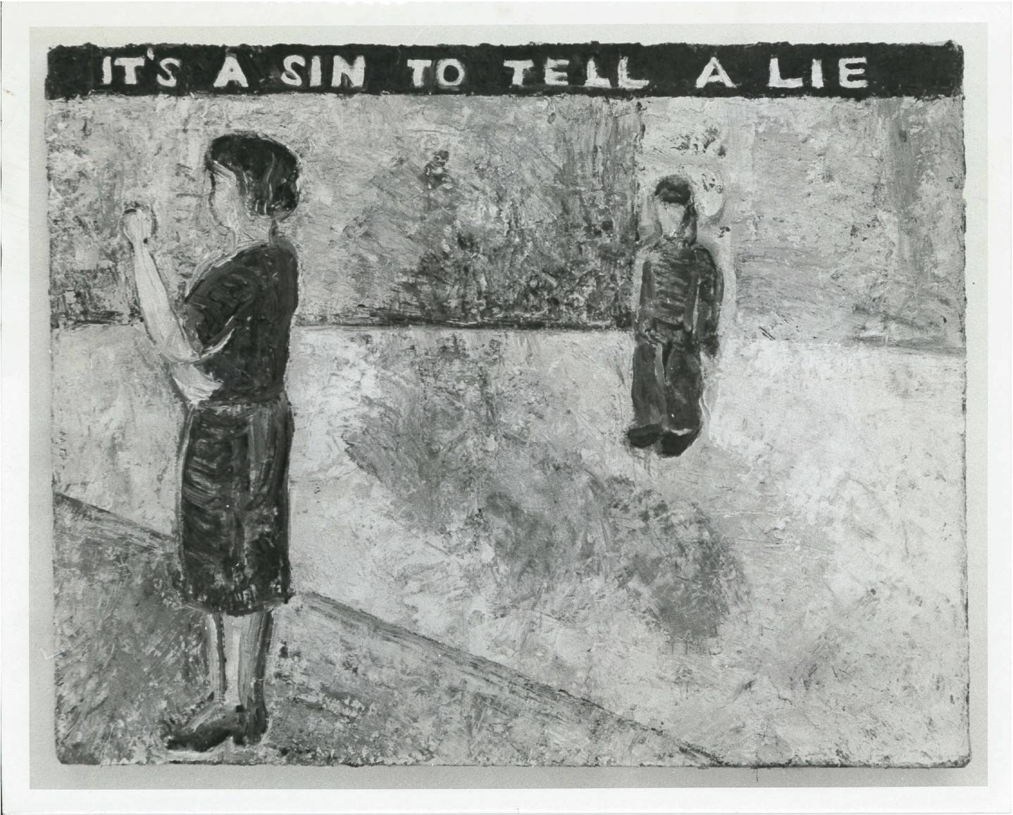 An adult figure stands in the foreground while a smaller figure stands in the background in a corner. Above the figures reads: 