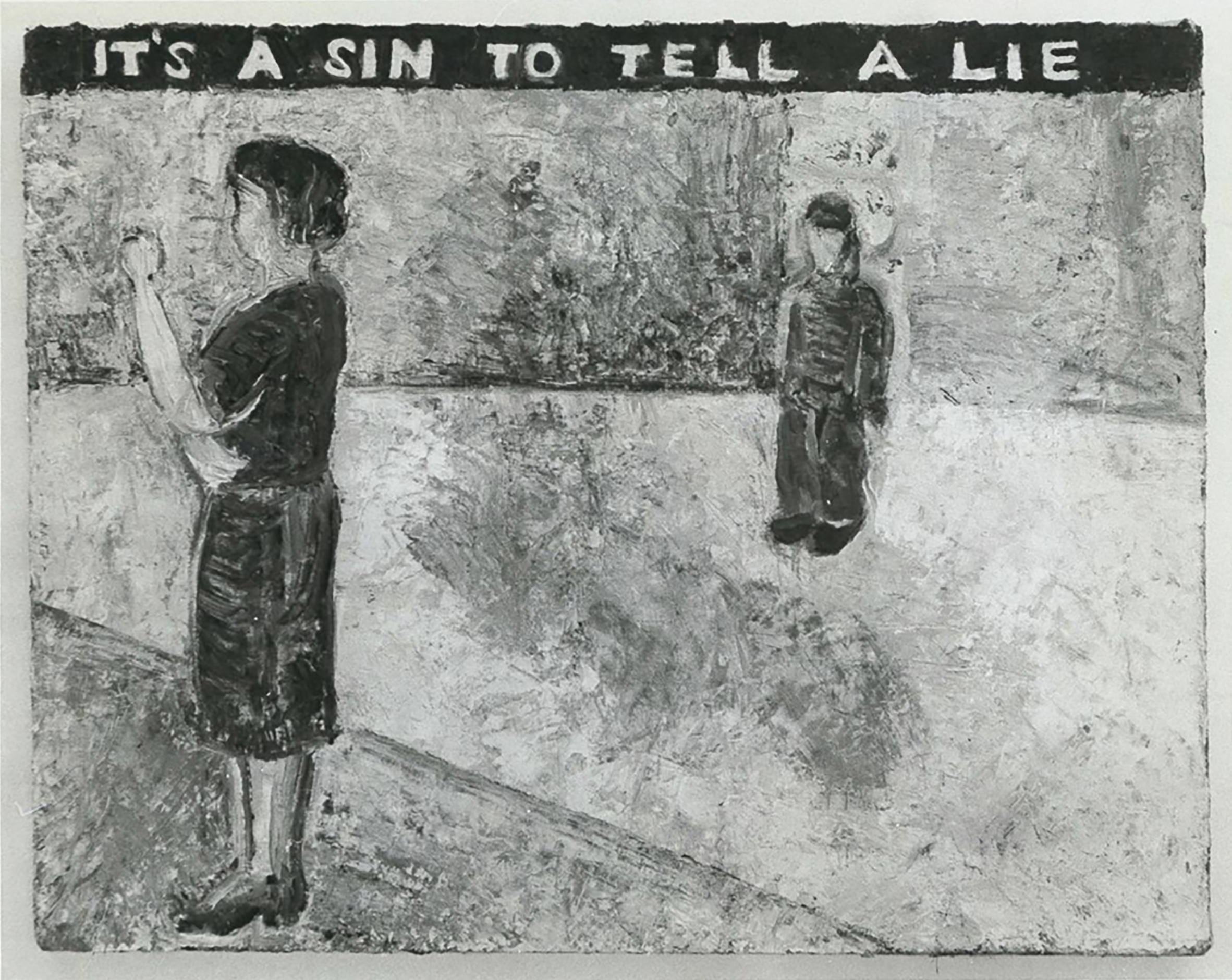 A painting of two figures, one in the foreground and the other in the background. Towards the top of the painting reads, 