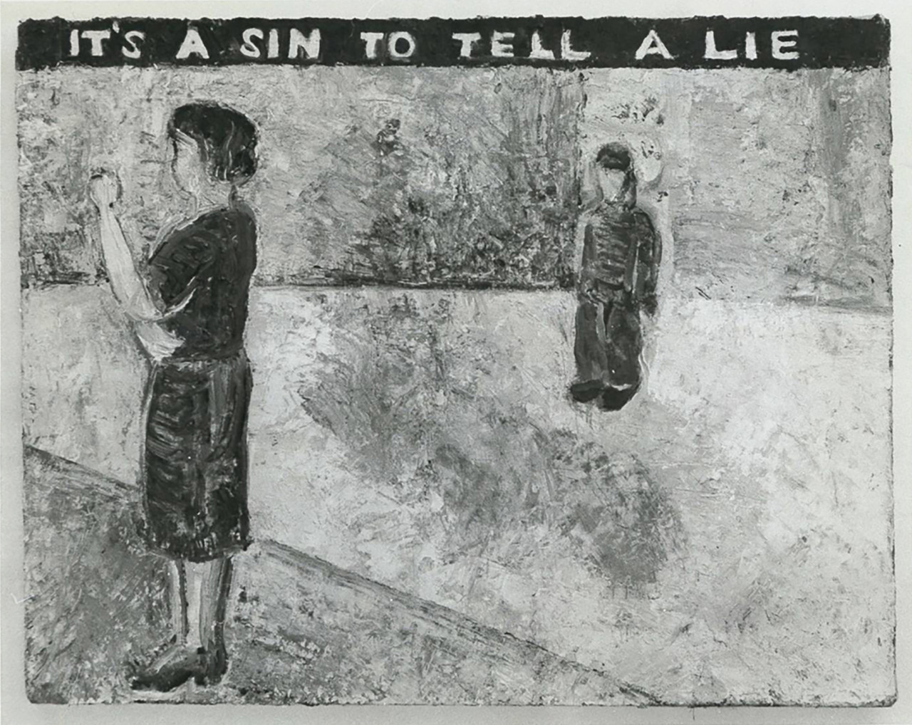 A painting of two figures, one in the foreground and the other in the background. Towards the top of the painting reads, 