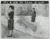 A painting of two figures, one in the foreground and the other in the background. Towards the top of the painting reads, 