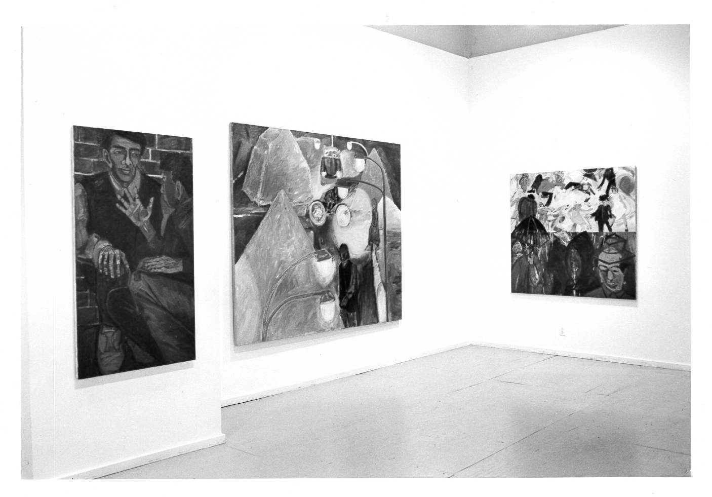 Three paintings appear on two adjacent walls in a white-walled gallery space.