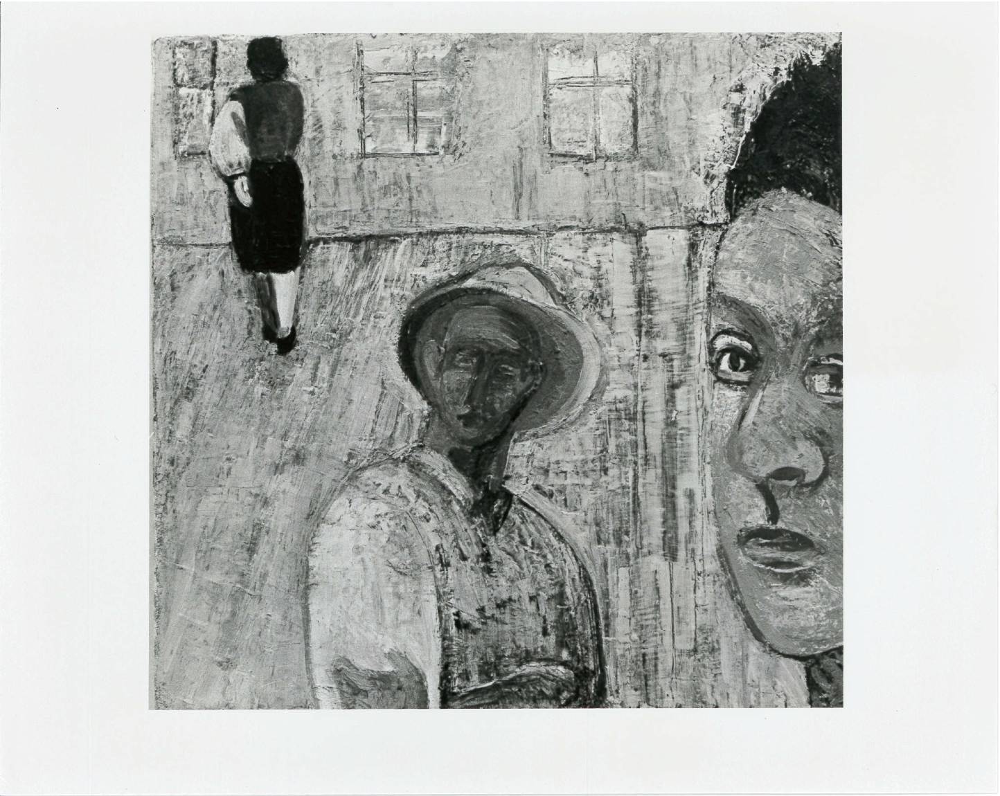 A face appears on the right part of the image with one figure central without defining facial features and another in the background with their back towards the viewer. Windows appear in the background.
