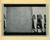 An illustration of a row of figures holding bagpipes on either side of a large grey square.