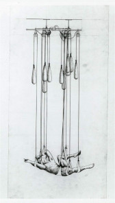A drawing of a hanging figure supported by weighted straps.