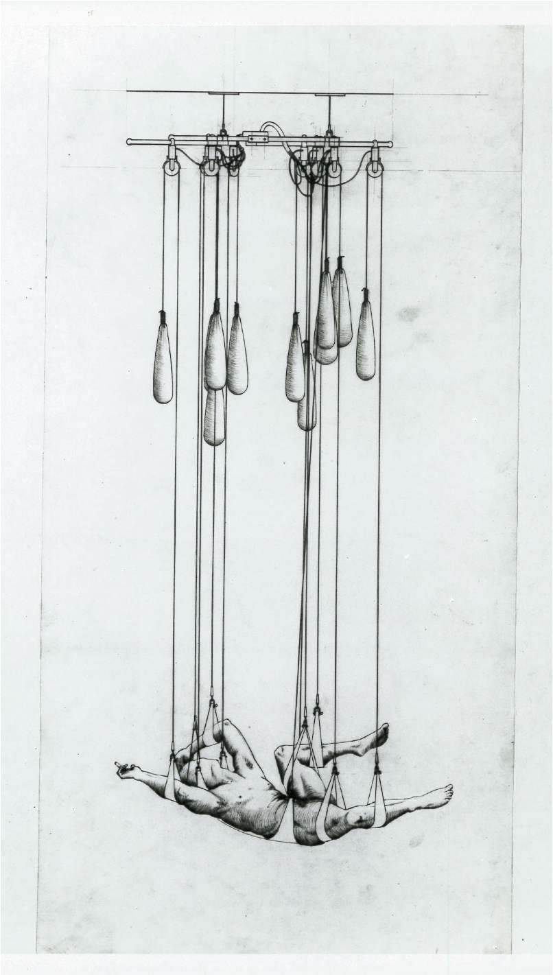 A drawing of a hanging figure supported by weighted straps.