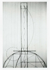 A scan of a constructed line drawing using different architectural notations like dashed and construction lines.