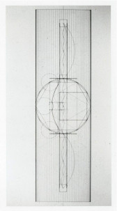 Drawing of a globe figure bisected with long vertical rectangle, overlaid with line grid.