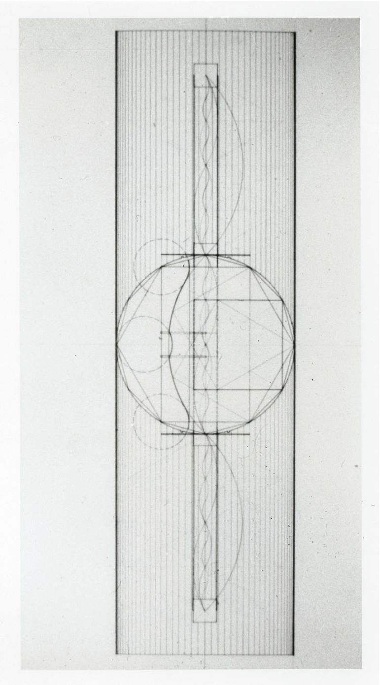Drawing of a globe figure bisected with long vertical rectangle, overlaid with line grid.