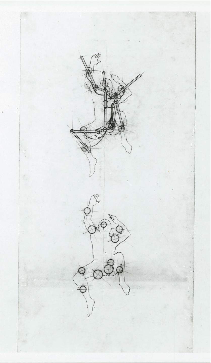 A constructed drawing of human figures using compound curvature.