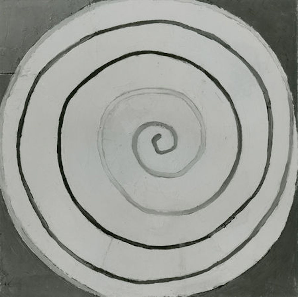 A black and white image of a painted spiral.