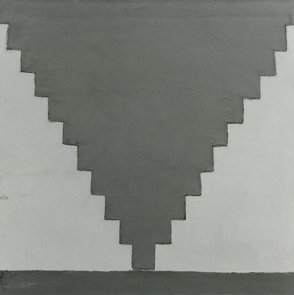 A black and white image of a painting. Two triangular shapes are painted on either side of the canvas. The hypotenuse of each triangle is tiered, appearing like stairs. The space between the triangles is painted in a darker shade.