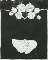 A painting over a black background of a set of hands cupping a rose. Above, several more roses are pictured.