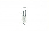 A paper clip is half-wrapped in twine on a white background.